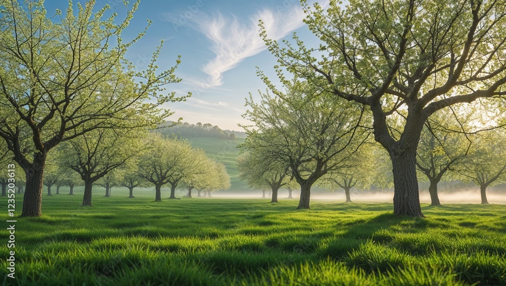 Fototapeta premium Orchard trees in a misty spring morning