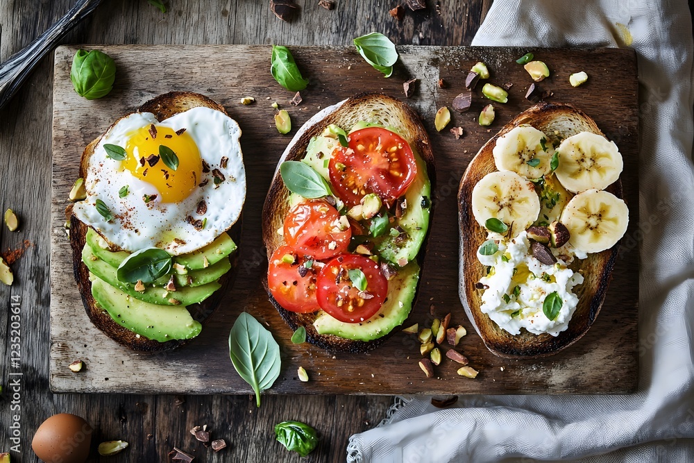 Toast assortment: avocado with poached egg, ricotta with honey, feta with fresh tomatoes. Toast assortment: avocado with poached egg, ricotta with honey, feta with fresh tomatoes.
