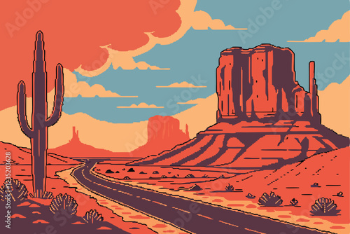  Desert highway, Monument Valley, dramatic sunset, towering red rock formations, saguaro cactus, pixel art style, vibrant colors, orange and blue contrast, dusty landscape, wispy clouds, long straight