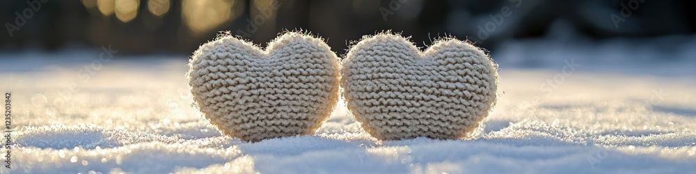 Knitted hearts rest in snowy winter landscape Knitted hearts rest in snowy winter landscape
