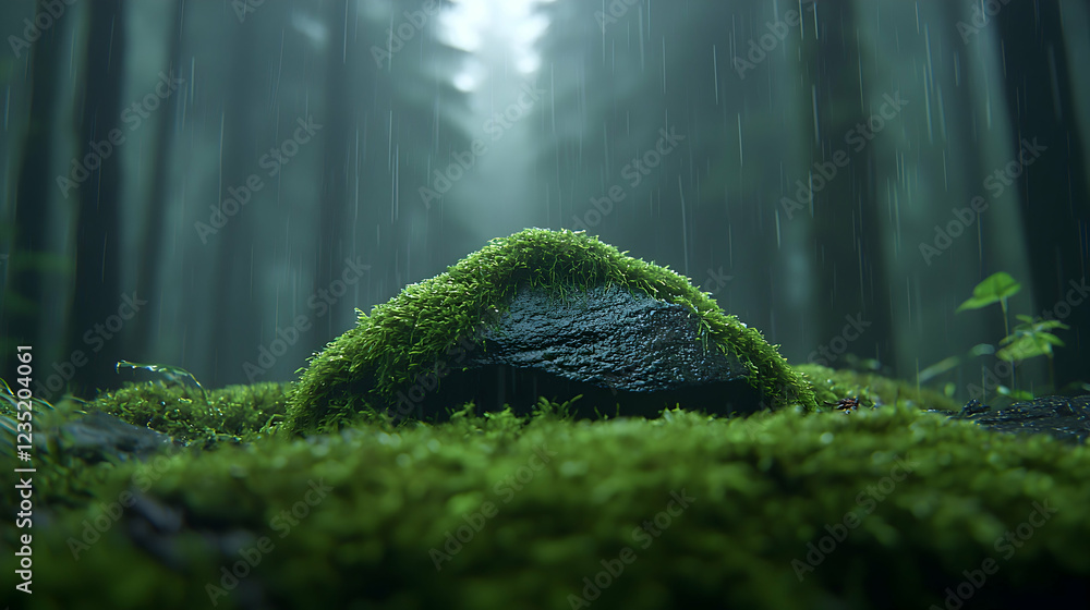 Mossy rock in rainy forest; serene nature scene Mossy rock in rainy forest; serene nature scene