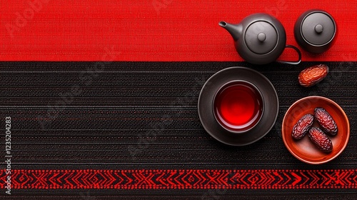 Red and black table setting with tea, dates, and teapot.