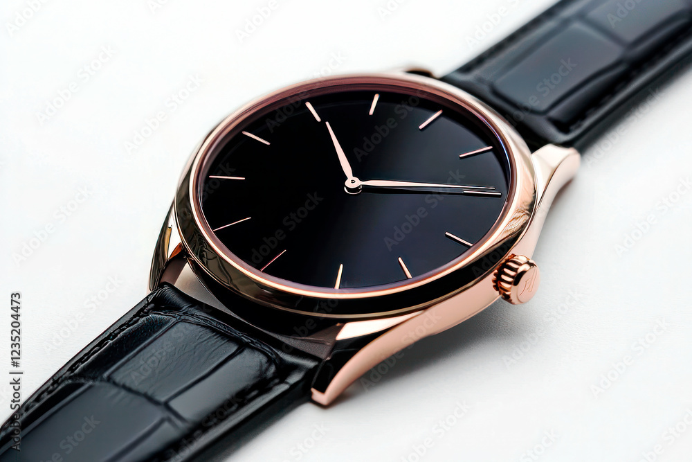Minimalistic black watch with gold details on white background, close-up. Fashion and accessories concept. Minimalistic black watch with gold details on white background, close-up. Fashion and accessories concept.