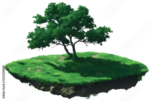 Floating island, lush green grass, verdant meadow, circular shape, dense foliage, floating dirt platform, isolated ecosystem, vibrant green hues, realistic rendering, high detail, surreal landscape, f