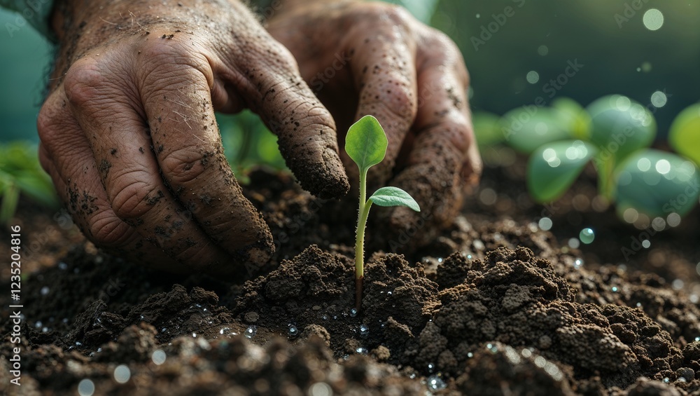 Hands planting a young seedling in fertile soil Hands planting a young seedling in fertile soil