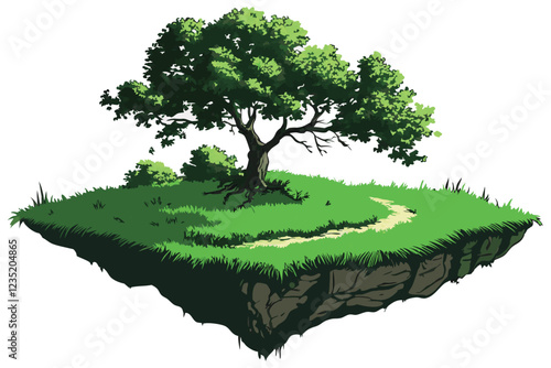 Floating island, lush green grass, verdant meadow, circular shape, dense foliage, floating dirt platform, isolated ecosystem, vibrant green hues, realistic rendering, high detail, surreal landscape, f