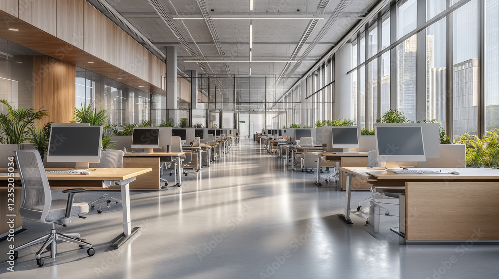 Modern Open-Plan Office – Organized Workspace with Desks and Privacy Screens Modern Open-Plan Office – Organized Workspace with Desks and Privacy Screens