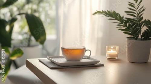 A cozy indoor setting with a table, a cup of tea, a candle, and a plant.
