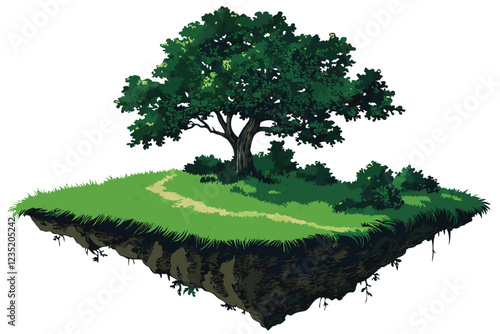 Floating island, lush green grass, verdant meadow, circular shape, dense foliage, floating dirt platform, isolated ecosystem, vibrant green hues, realistic rendering, high detail, surreal landscape, f