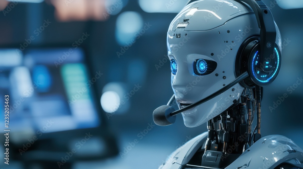 Fototapeta premium a robot call center agent wearing a headset with microphone interacting with an online chat session