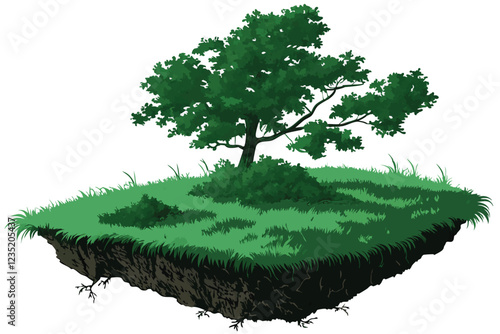 Floating island, lush green grass, verdant meadow, circular shape, dense foliage, floating dirt platform, isolated ecosystem, vibrant green hues, realistic rendering, high detail, surreal landscape, f