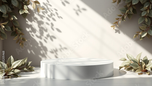 Circular white podium with golden leaves and sunlight shadows, perfect for showcasing luxury products in a nature-inspired and elegant setting. photo