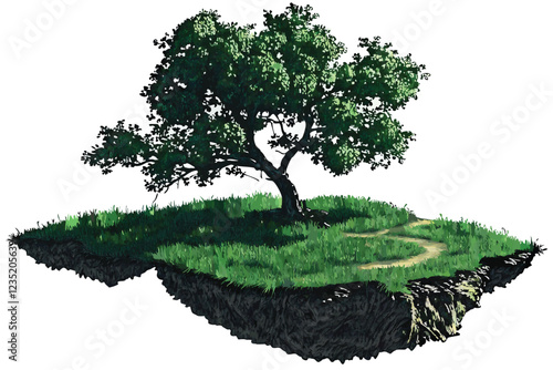 Floating island, lush green grass, verdant meadow, circular shape, dense foliage, floating dirt platform, isolated ecosystem, vibrant green hues, realistic rendering, high detail, surreal landscape, f