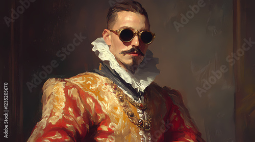 Renaissance-style painting portrait of a count in royal attire wearing sunglasses, generative ai. Renaissance Portrait. Illustration photo