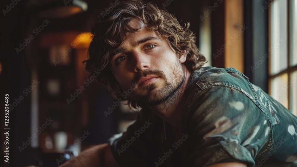Fototapeta premium Thoughtful Young Man with Curly Hair in a Rustic Setting