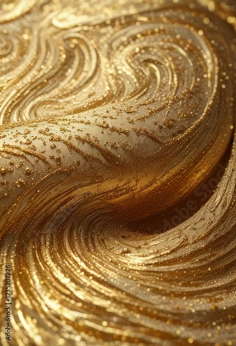 A delicate gold glitter effect wraps around a beautiful swirly pattern on a metallic surface,  swirly design, gold glitter