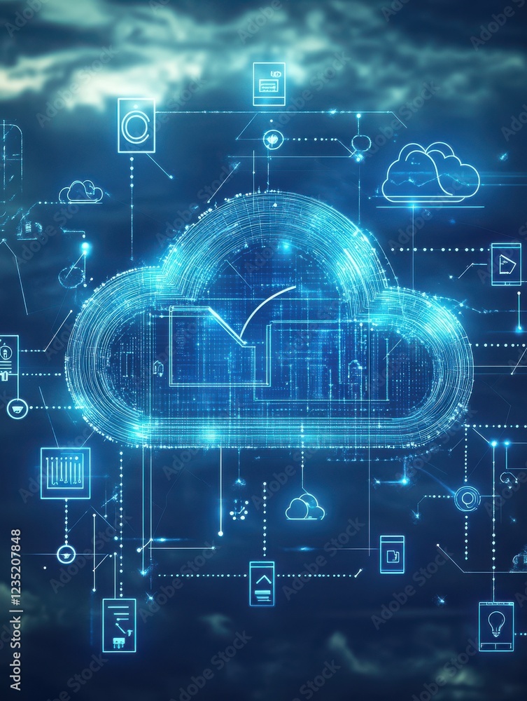 A graphic representation of cloud computing and connectivity with various icons related to technology and data transfer. A graphic representation of cloud computing and connectivity with various icons related to technology and data transfer.