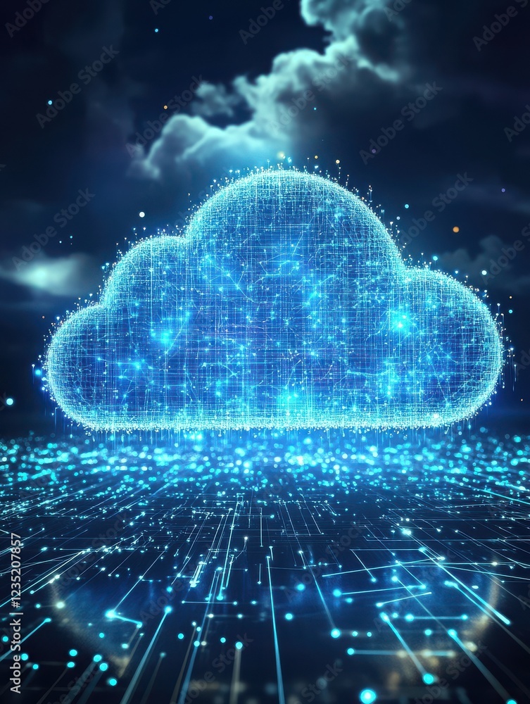 digital cloud computing network concept with glowing wireframe design elements on dark technology background digital cloud computing network concept with glowing wireframe design elements on dark technology background