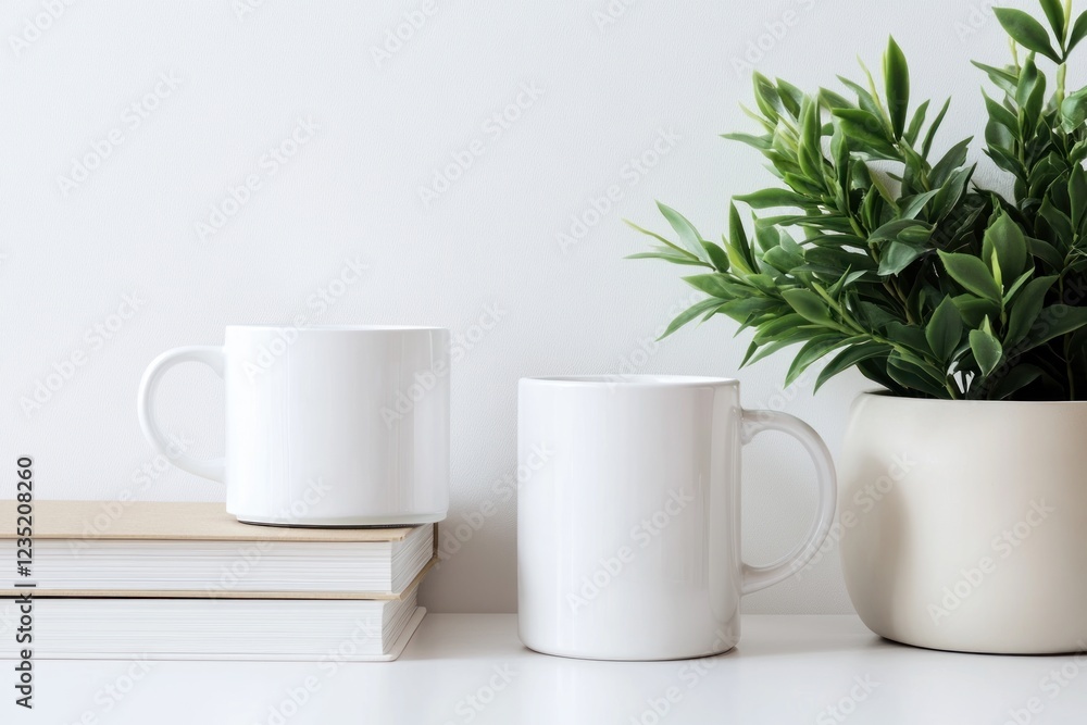 Two White Mugs with Plant and Books Mockup Two White Mugs with Plant and Books Mockup