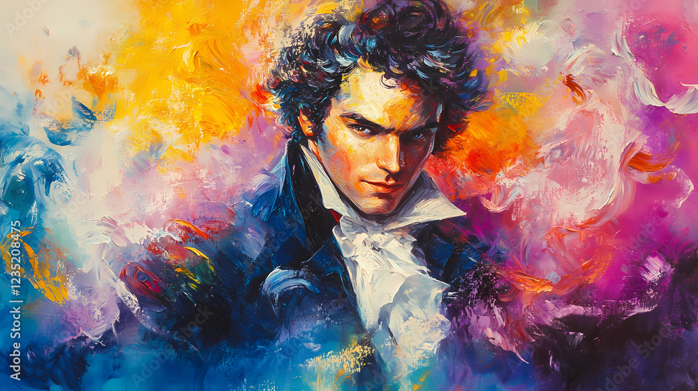 Fototapeta premium Beethoven in a symphony of colors, oil painting, abstract portrait, music, classical music, artist, portrait. Renaissance Portrait. Illustration