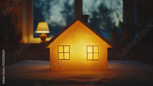 Illuminated miniature house on table at night, cozy room, window view photo