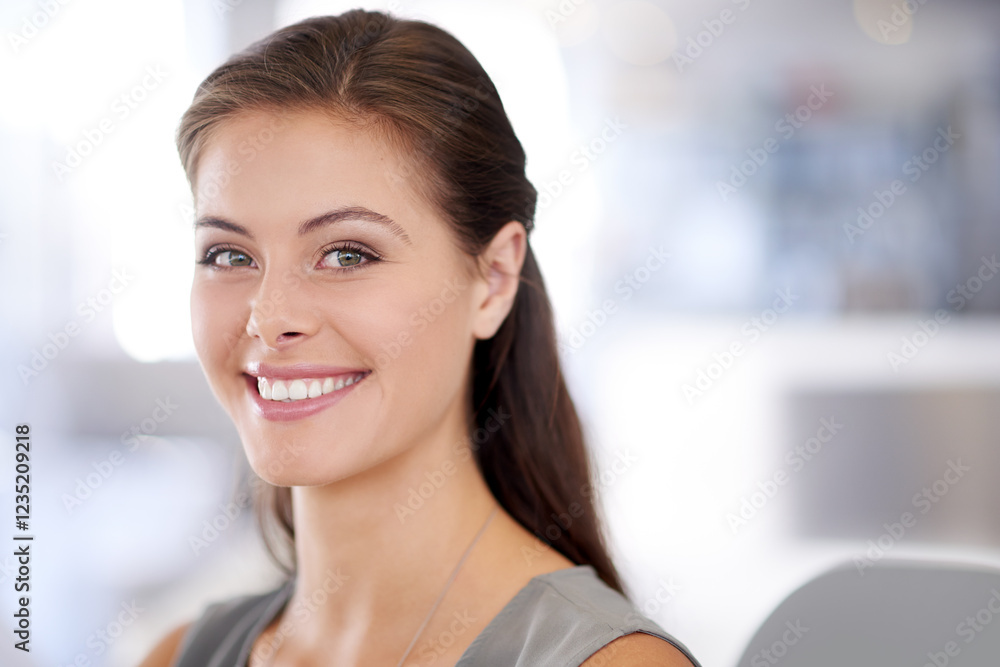 Portrait, calm and woman in office, entrepreneur and journalist with career growth in business and happy. Creative agency, space and person with smile for startup, reporter and morning in Canada Portrait, calm and woman in office, entrepreneur and journalist with career growth in business and happy. Creative agency, space and person with smile for startup, reporter and morning in Canada