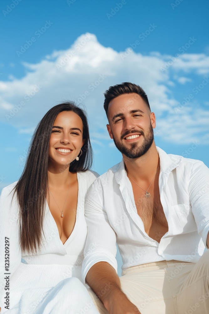 Obraz premium A couple is sitting on a beach, smiling and posing for a picture. The man is wearing a white shirt and the woman is wearing a white dress. The sky is blue and there is a cloud in the background