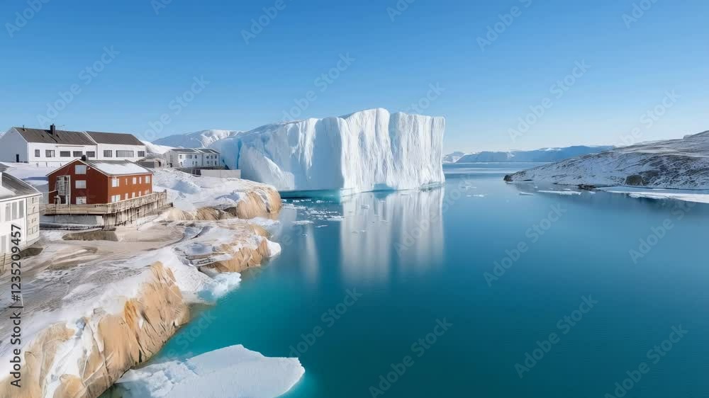 Arctic village nestled beside a majestic glacier showcasing the beauty and fragility of the Greenlandic landscape Arctic village nestled beside a majestic glacier showcasing the beauty and fragility of the Greenlandic landscape