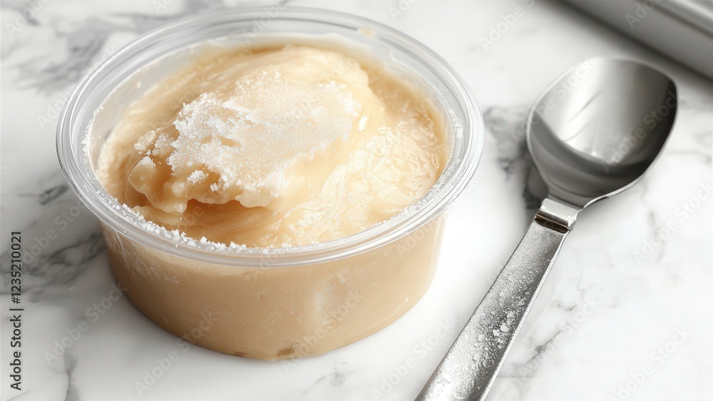 Creamy Sweet Dessert in Clear Plastic Container with Spoon Creamy Sweet Dessert in Clear Plastic Container with Spoon