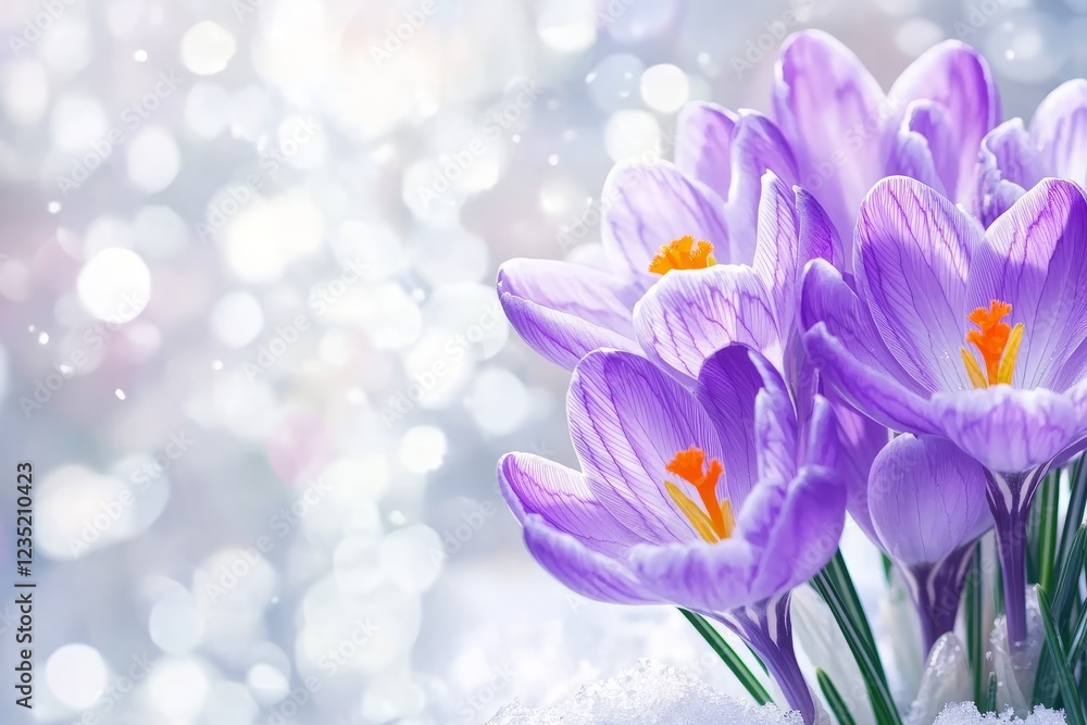 Fototapeta premium Delicate purple crocuses emerging from the snow, symbolizing the arrival of spring.