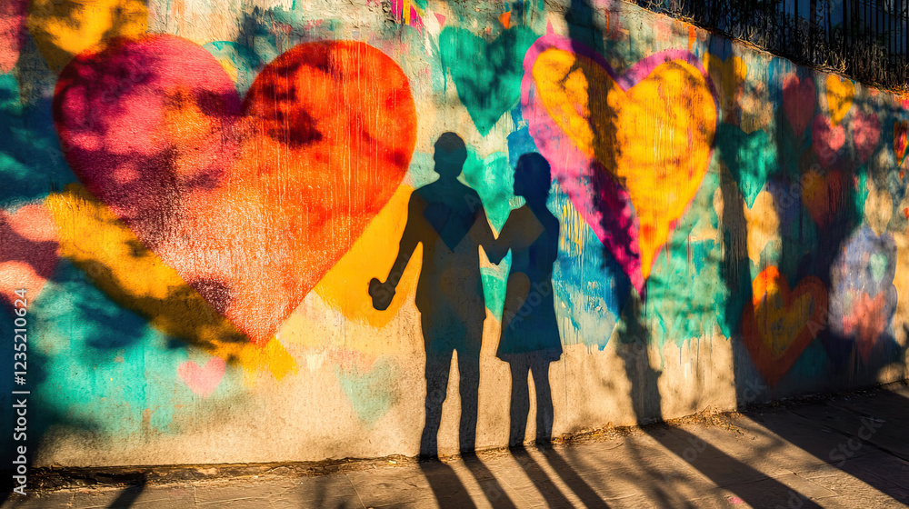 Obraz premium Silhouettes of Two People Holding Hands Standing in Front of a Colorful Heart Mural Art