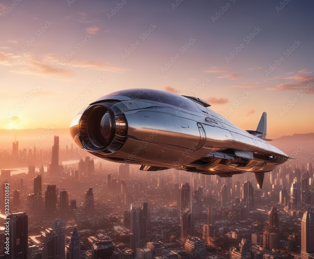 Naklejka premium A sleek spaceship hovering above a futuristic cityscape at sunset, dusk, futuristic city