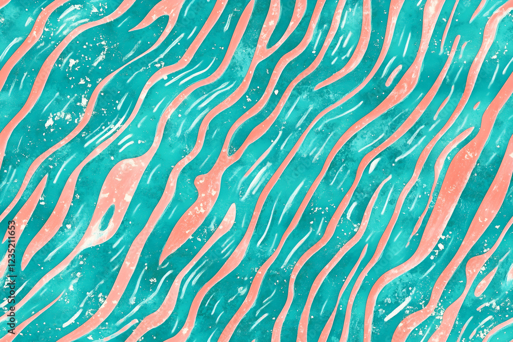 Turquoise Ripples On Coral Background Seamless Pattern