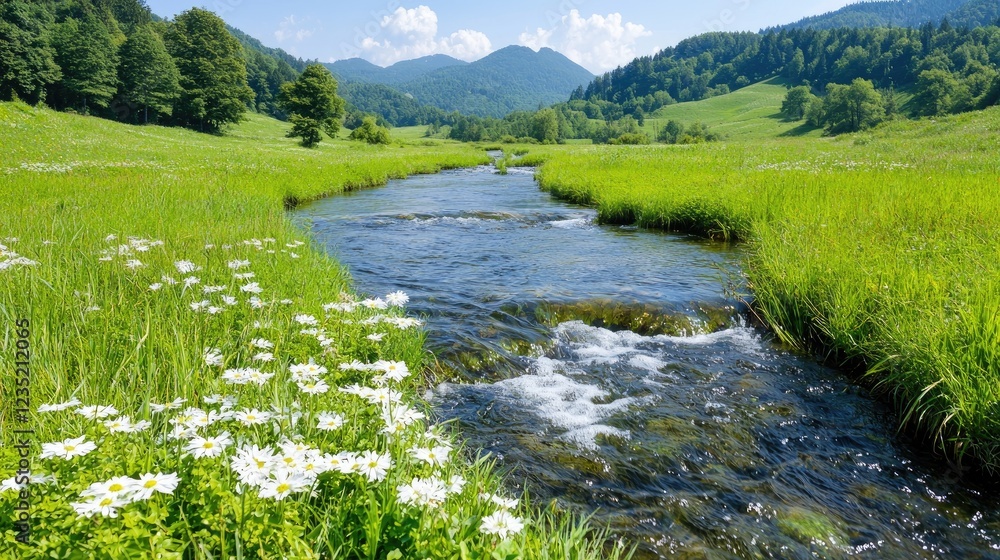 Mountain stream flows through lush green valley (3) Mountain stream flows through lush green valley (3)