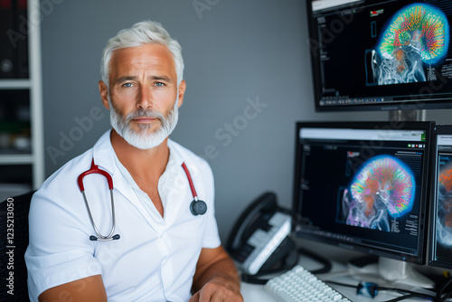 Portrait of a Serious Senior Doctor in White Coat Reviewing Brai photo