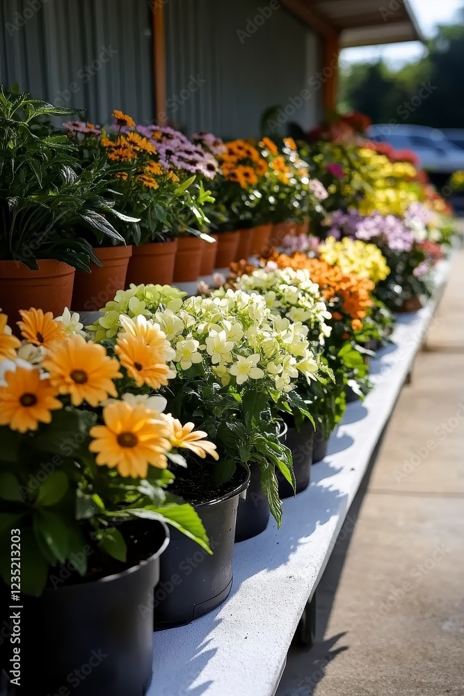 Fototapeta premium Colorful Potted Flowers in Sunlight on Outdoor Shelf