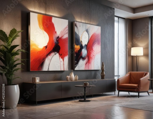 Abstract lobby with blurred modern art pieces, dimmable light and sleek furniture,  contemporary,  interior design photo