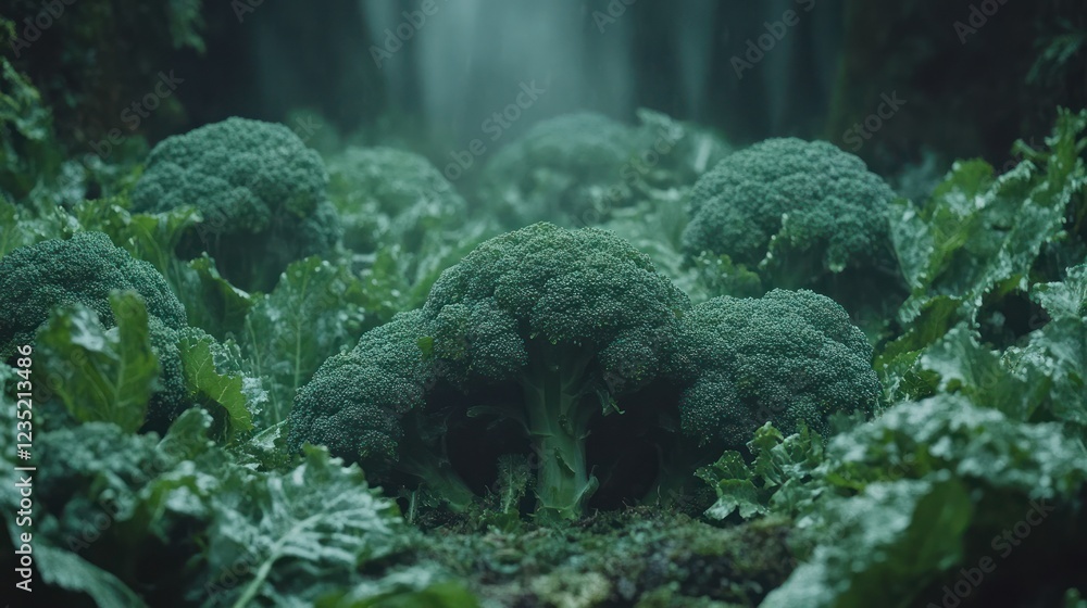 Lush broccoli heads in a misty forest garden setting Lush broccoli heads in a misty forest garden setting