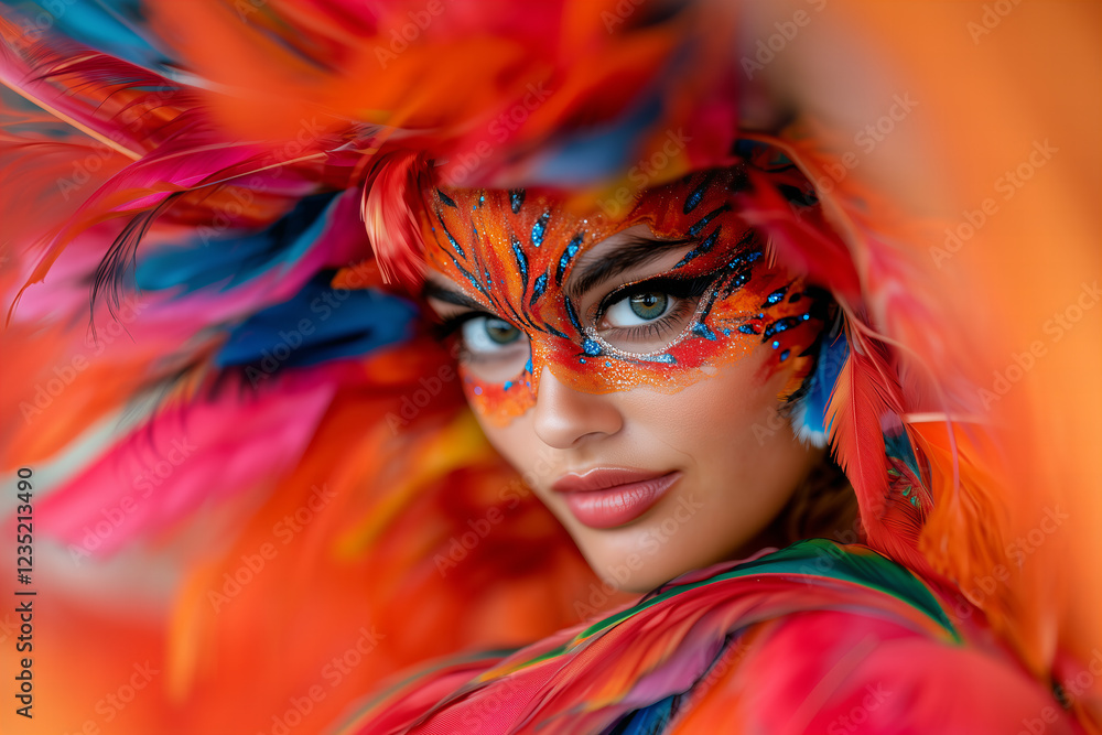 Fototapeta premium Portrait of Woman in Colorful Feather Headdress and Glittery Mak