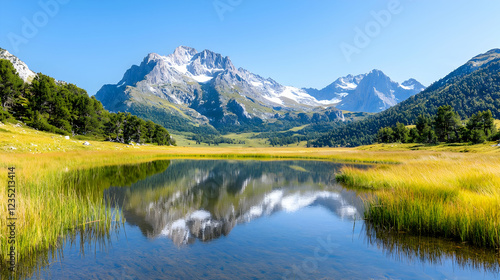 Snowy mountain peaks reflect in a calm alpine lake surrounded by green and yellow meadows under a clear blue sky.
