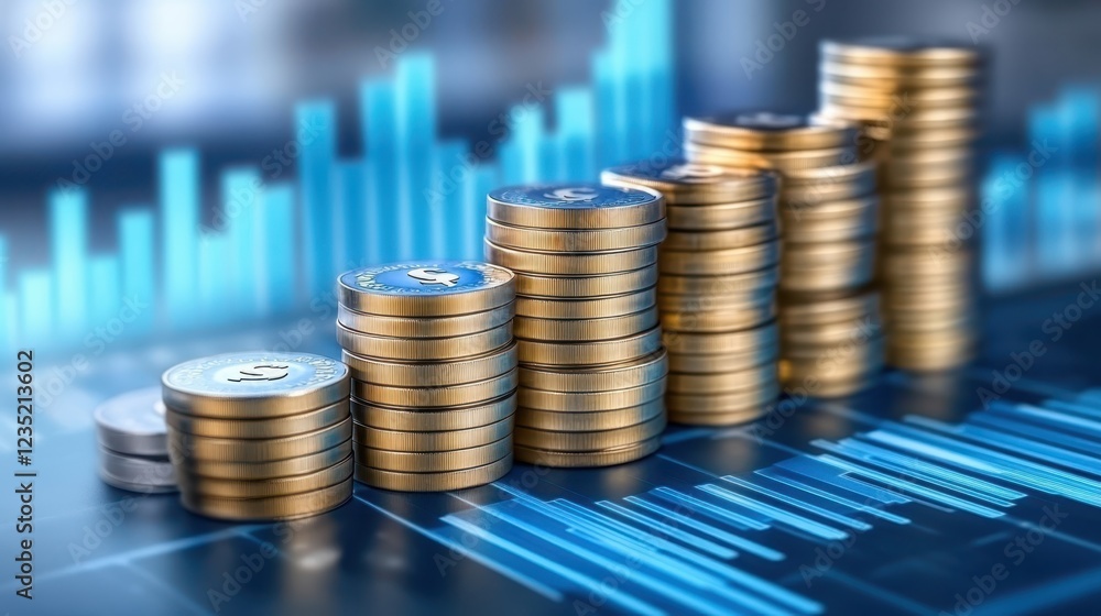 Investment success concept with stacked coins and financial growth bar chart Investment success concept with stacked coins and financial growth bar chart
