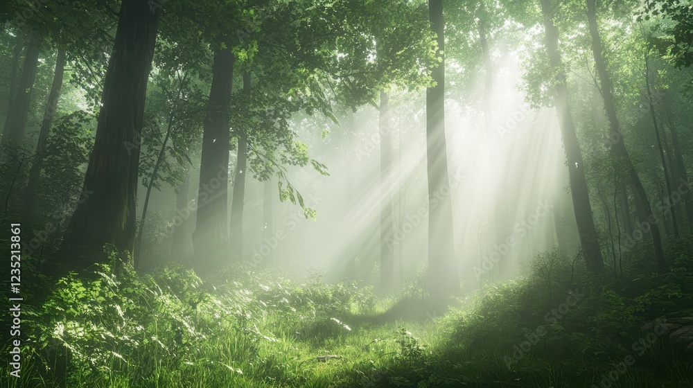 Obraz premium Dense green forest bathed in soft sunlight, peaceful woodland scene with misty air