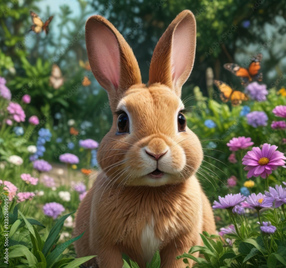Fototapeta premium Adorable rabbit in a garden with flowers and butterflies, garden, bunny