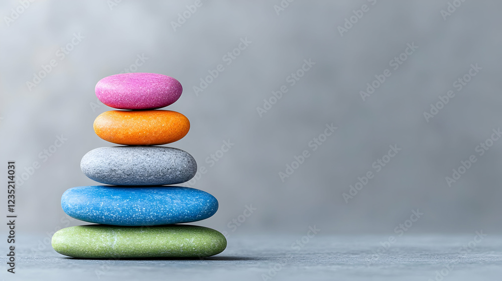 Colorful stones stacked, gray background, balance concept, website banner Colorful stones stacked, gray background, balance concept, website banner