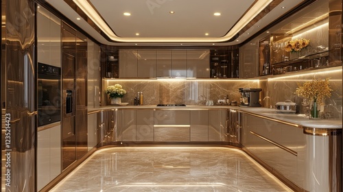 Luxurious modern kitchen interior with marble flooring and elegant cabinets photo