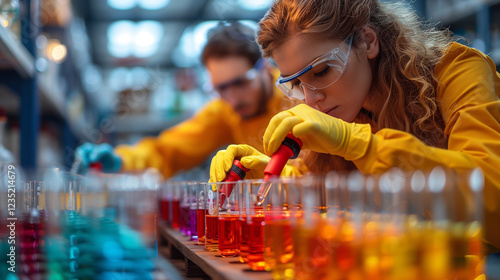 Male Chemist Working With women Colleague On Creating New Syrup In Lab