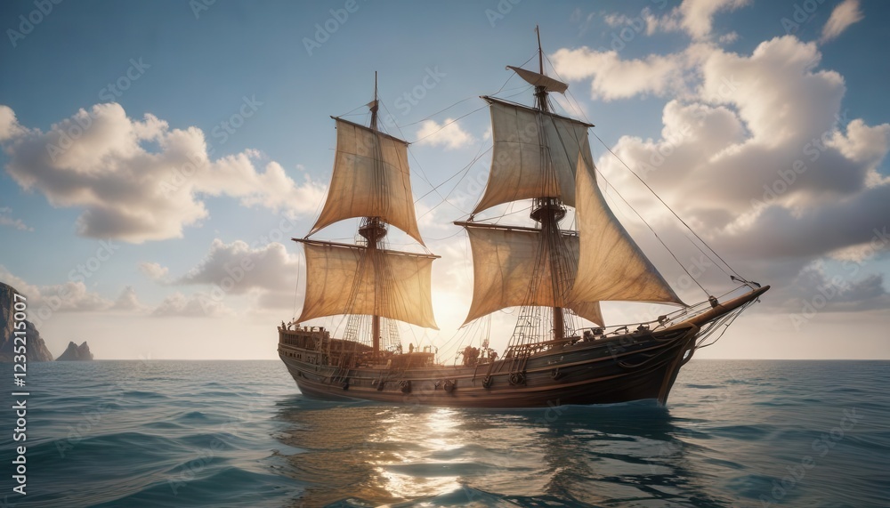 Ancient wooden sailing vessel moored in calm sea, anchor, hull Ancient wooden sailing vessel moored in calm sea, anchor, hull