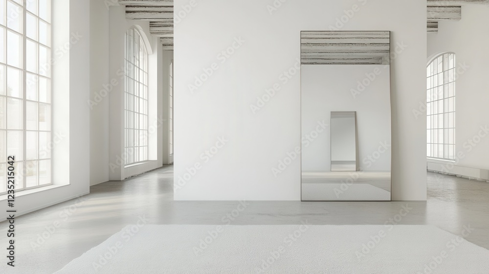 Fototapeta premium Minimalist interior with white wall, large mirrors, and minimal decor