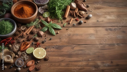 Aromatic herbs and spices blend on a rustic wooden table ,  Green,  Nature