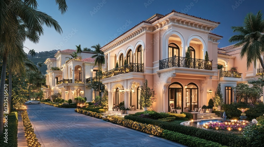 Luxurious villas row, evening view, landscaped drive, mountains backdrop Luxurious villas row, evening view, landscaped drive, mountains backdrop